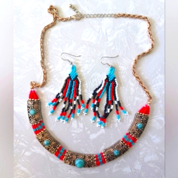 Source Unknown Jewelry - Beaded Necklace and Earrings Red & Turquoise